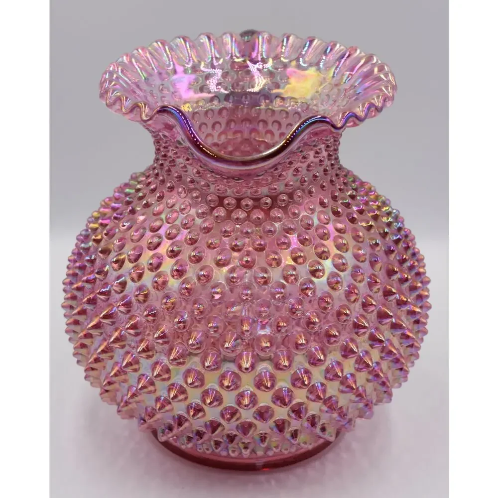 Vintage Fenton Hobnail Pink Opalescent Carnival Glass Art Crimped Top Pitcher